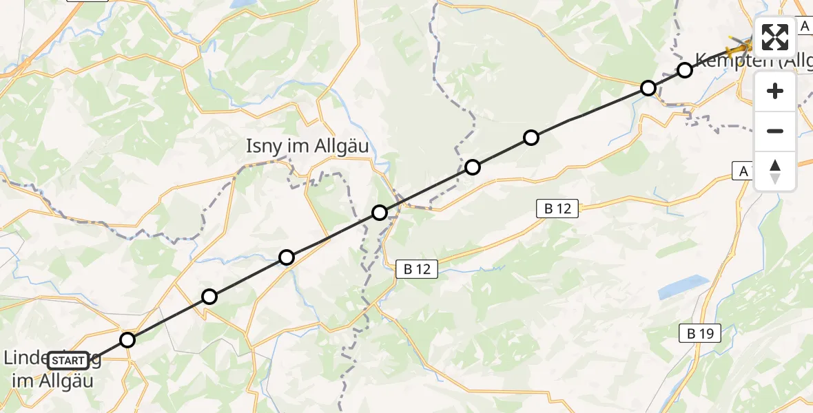 Flugroute Rettungshubschrauber Lindenberg i.Allgäu - Kempten (Allgäu), 24 Juni 2026, 07:27