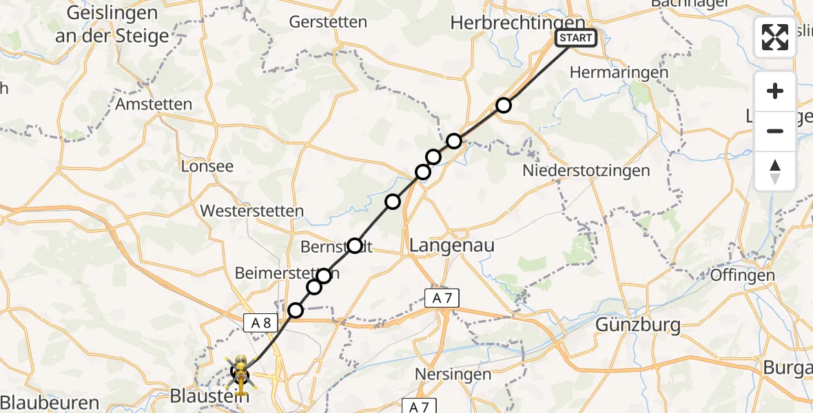 Flugroute Rettungshubschrauber Giengen an der Brenz - ADAC Air Rescue Station Ulm (Christoph 22), 24 Juni 2026, 07:31