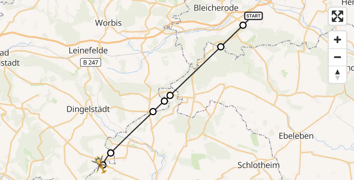 Flugroute Rettungshubschrauber Bleicherode - Unstruttal, 24 Juni 2026, 07:33