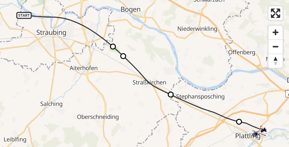 Flugroute Polizeihubschrauber Straubing - Plattling, 24 Juni 2026, 07:35