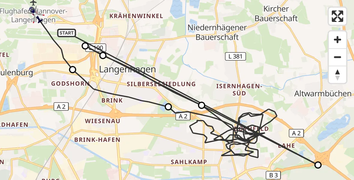 Flugroute Polizeihubschrauber Flughafen Hannover - Flughafen Hannover, 24 Juni 2026, 07:36