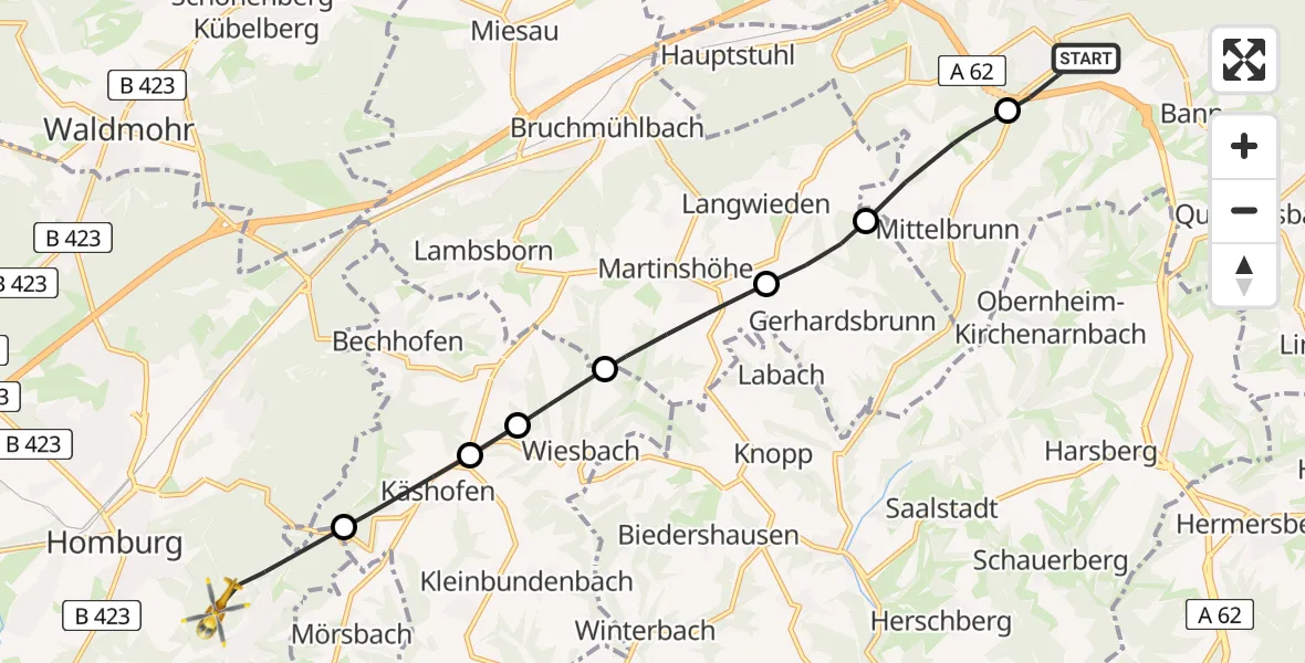 Flugroute Rettungshubschrauber Landstuhl - Homburg, 24 Juni 2026, 07:39