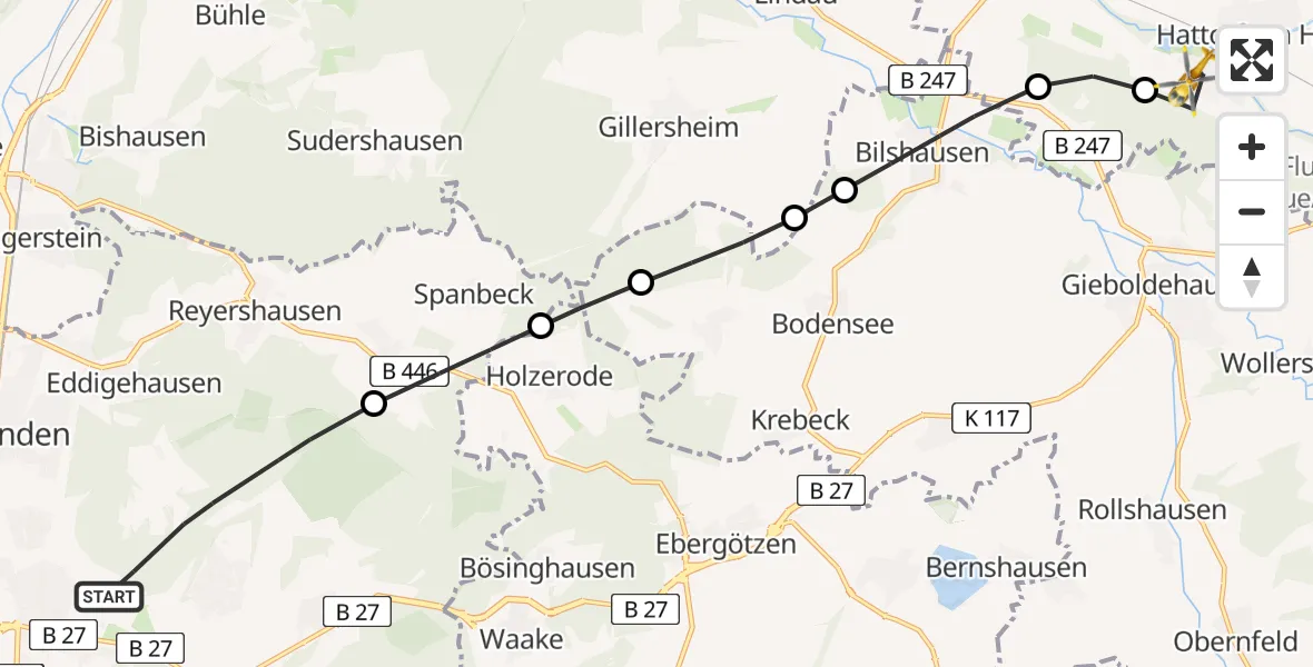Flugroute Rettungshubschrauber Göttingen - Hattorf am Harz, 24 Juni 2026, 07:53