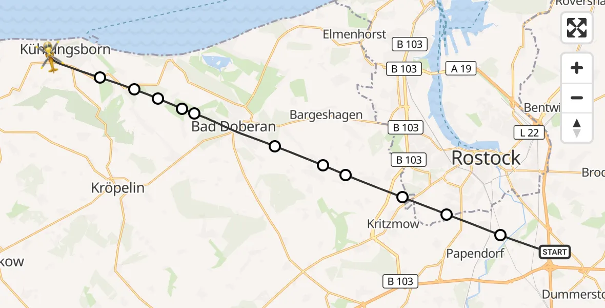 Flugroute Ambulanzhubschrauber Dummerstorf - Kühlungsborn, 24 Juni 2026, 07:54