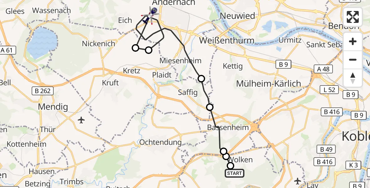 Flugroute Polizeihubschrauber Kobern-Gondorf - Andernach, 24 Juni 2026, 07:59