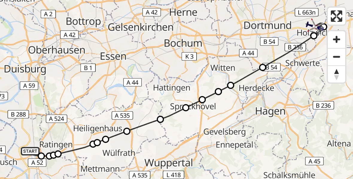 Flugroute Polizeihubschrauber Düsseldorf Flughafen - Dortmund Flughafen, 24 Juni 2026, 08:00