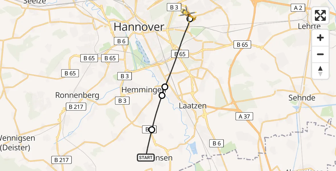 Flugroute Rettungshubschrauber Pattensen - Hannover Luftrettung Hubschrauberlandeplatz (Christoph 4), 24 Juni 2026, 08:02