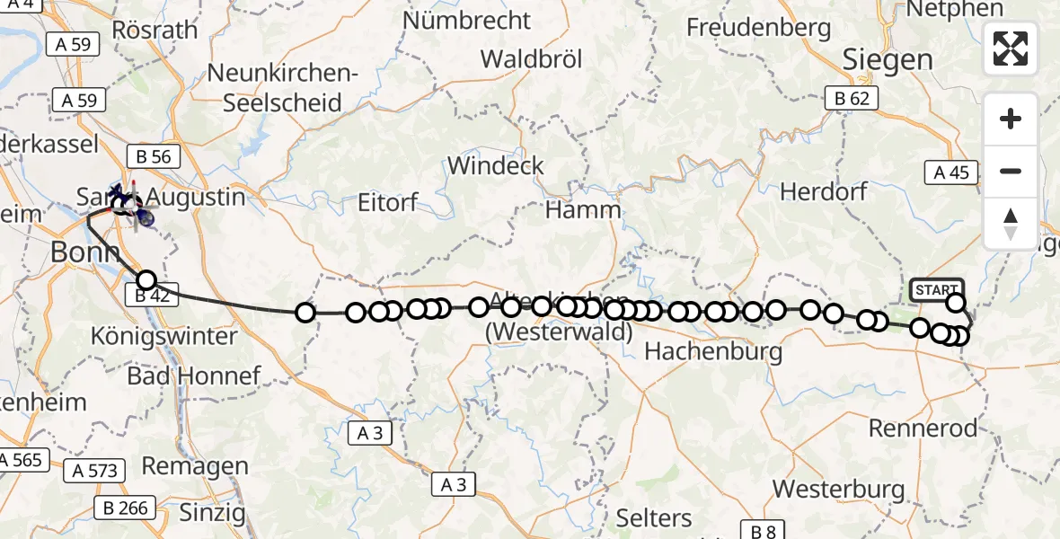 Flugroute Polizeihubschrauber Siegerland Flughafen - Sankt Augustin, 24 Juni 2026, 08:04