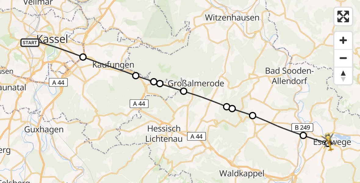 Flugroute Rettungshubschrauber Kassel - Werra-Meißner Eschwege Hospital Hubschrauberlandeplatz, 24 Juni 2026, 08:05