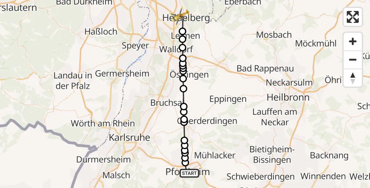 Flugroute Rettungshubschrauber Pforzheim - Heidelberg, 24 Juni 2026, 08:09