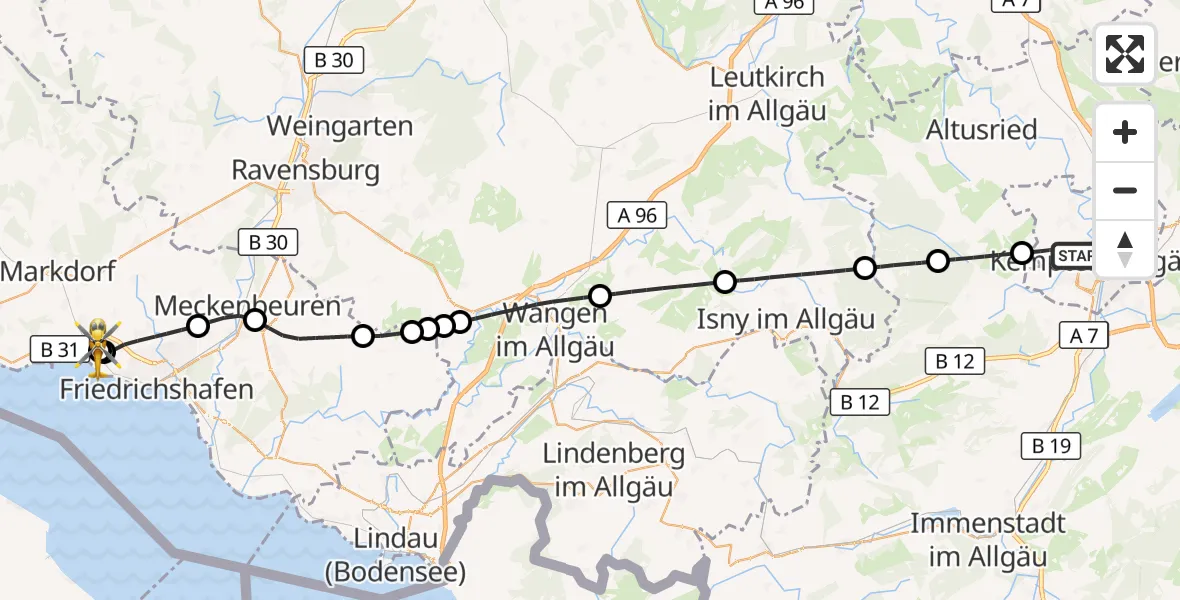 Flugroute Rettungshubschrauber Kempten (Allgäu) - Friedrichshafen Hospital, 24 Juni 2026, 08:10