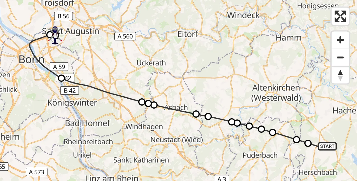 Flugroute Polizeihubschrauber Mündersbach - Sankt Augustin, 24 Juni 2026, 08:15
