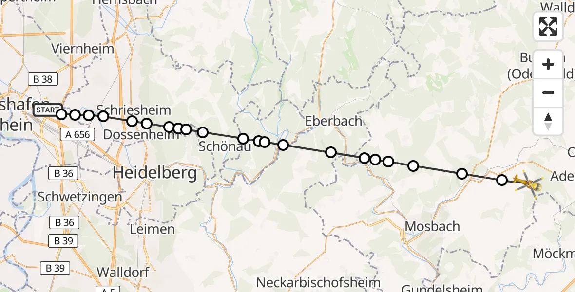 Flugroute Rettungshubschrauber Mannheim-City Flughafen - Schefflenz, 24 Juni 2026, 08:17