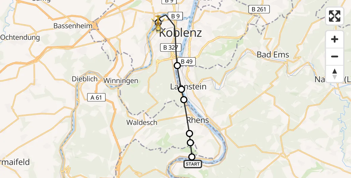 Flugroute Rettungshubschrauber Osterspai - Katholisches Klinikum Marienhof Koblenz Hubschrauberlandeplatz, 24 Juni 2026, 08:18