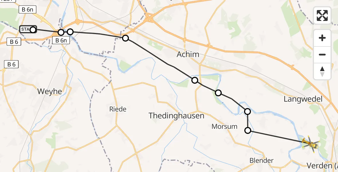 Flugroute Rettungshubschrauber ADAC Air Rescue Station Bremen Hubschrauberlandeplatz (Christoph 6) - Verden (Aller), 24 Juni 2026, 08:20