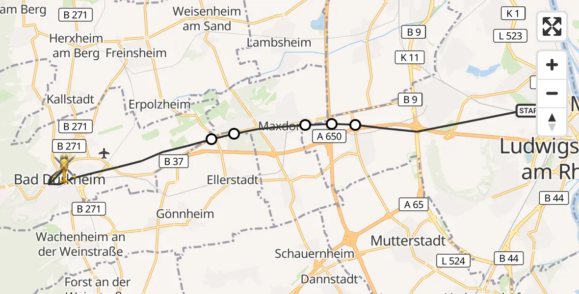 Flugroute Rettungshubschrauber Ludwigshafen am Rhein - Bad Dürkheim, 24 Juni 2026, 08:22