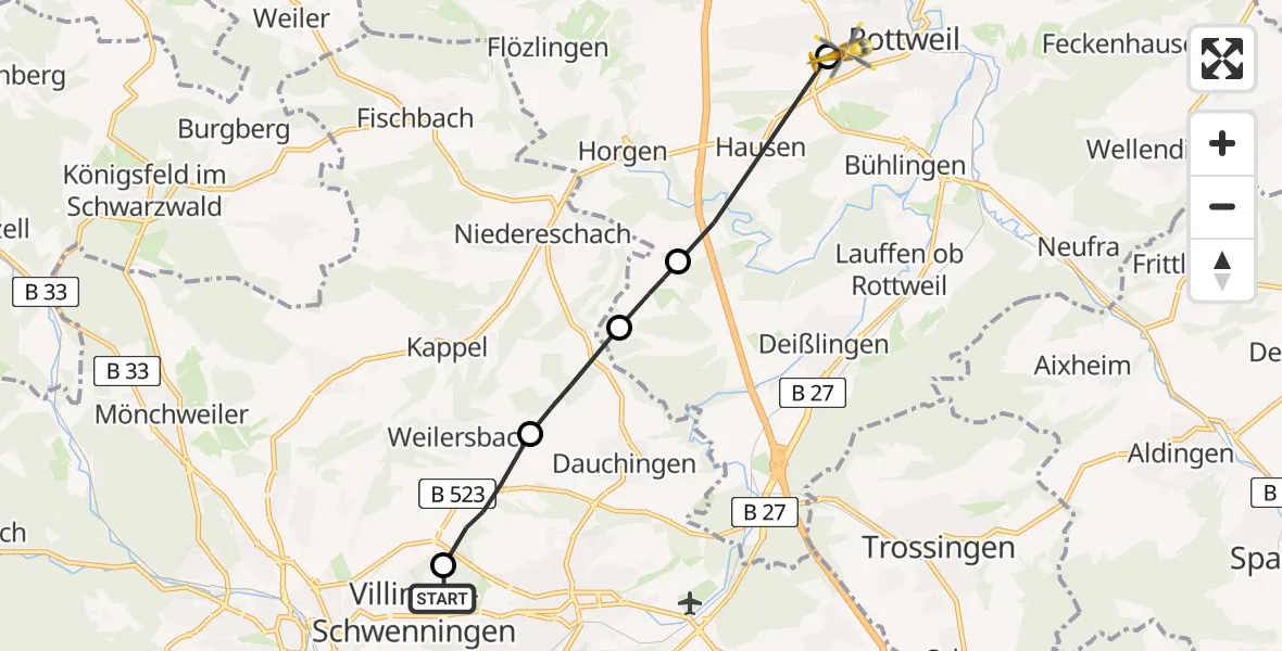 Flugroute Ambulanzhubschrauber DRF Air Rescue Station Villingen-Schwenningen Hubschrauberlandeplatz (Christoph 11) - Rottweil, 24 Juni 2026, 08:29