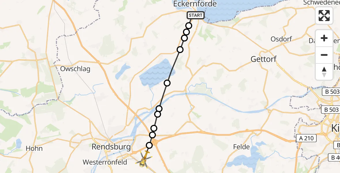 Flugroute Ambulanzhubschrauber Eckernförde - Schülldorf, 24 Juni 2026, 08:32
