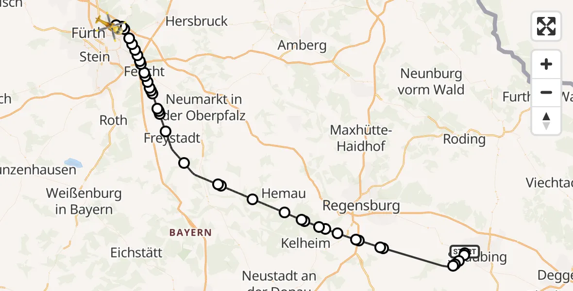 Flugroute Ambulanzhubschrauber Straubing Flughafen - Flughafen Nuremberg, 24 Juni 2026, 08:35