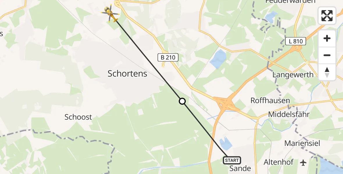 Flugroute Rettungshubschrauber Sande - Jever, 24 Juni 2026, 08:35