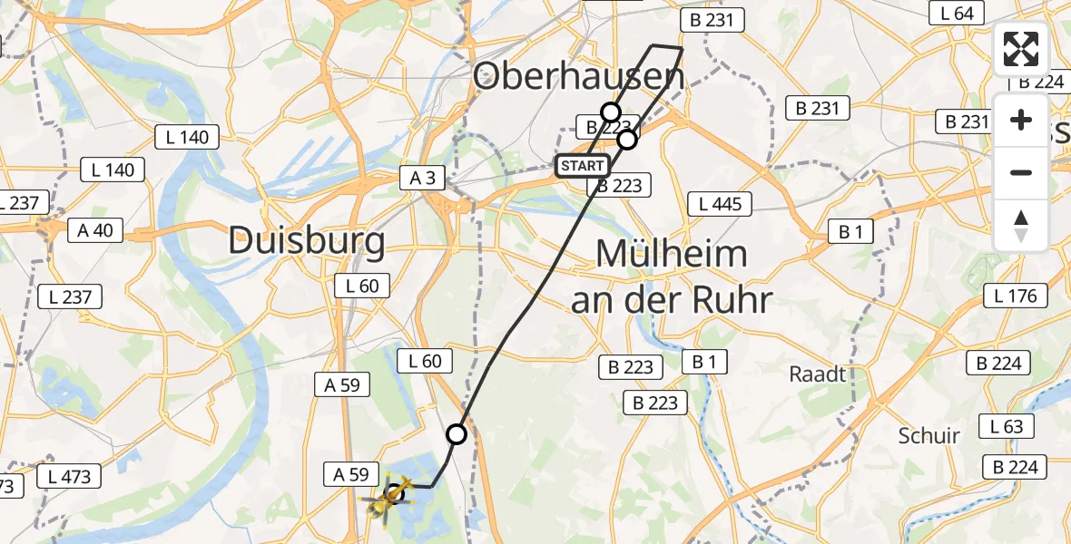 Flugroute Rettungshubschrauber Mülheim an der Ruhr - Duisburg Air Rescue Hubschrauberlandeplatz (Christoph 9), 24 Juni 2026, 08:43