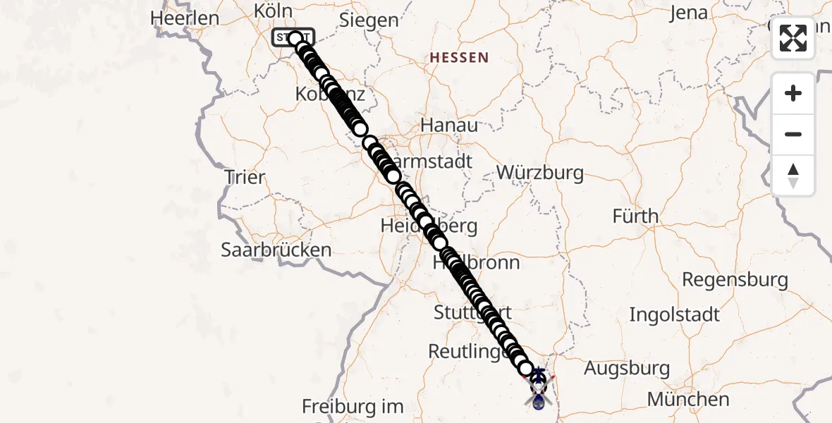 Flugroute Polizeihubschrauber Sankt Augustin - Militärflugplatz Laupheim, 24 Juni 2026, 08:43