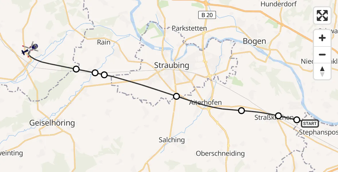 Flugroute Polizeihubschrauber Stephansposching - Mötzing, 24 Juni 2026, 08:43