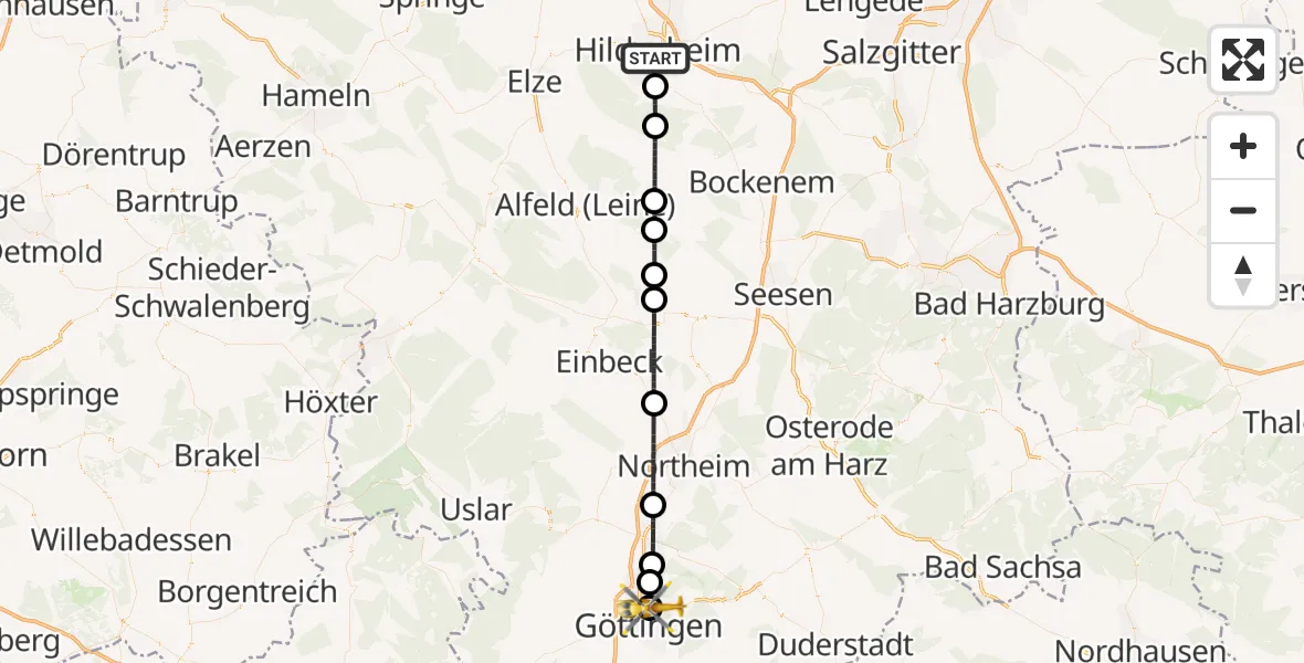 Flugroute Rettungshubschrauber Hildesheim - Göttingen University Clinic Hubschrauberlandeplatz, 24 Juni 2026, 08:43