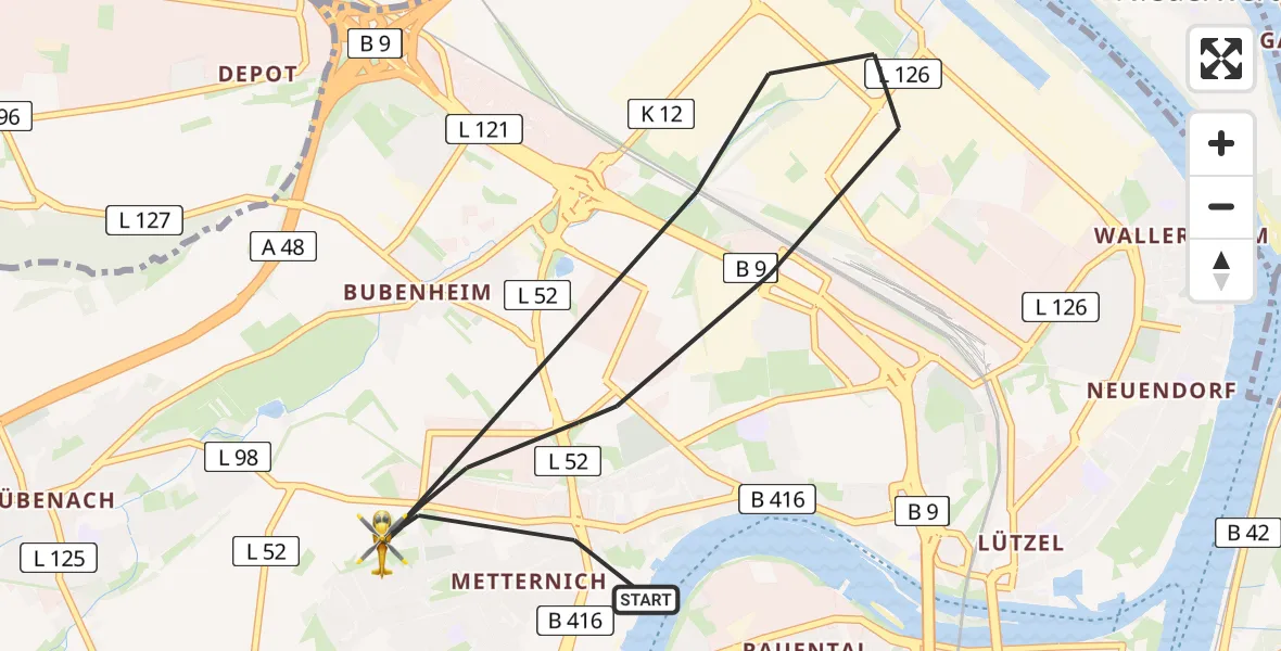 Flugroute Rettungshubschrauber Koblenz - Koblenz, 24 Juni 2026, 08:46