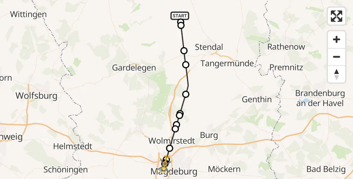 Flugroute Rettungshubschrauber Bismark (Altmark) - Magdeburg Hospital, 24 Juni 2026, 08:52