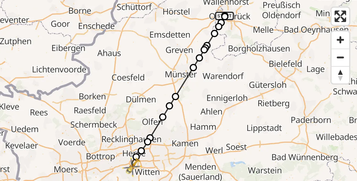 Flugroute Ambulanzhubschrauber Osnabrück Hospital - Bochum, 24 Juni 2026, 09:00