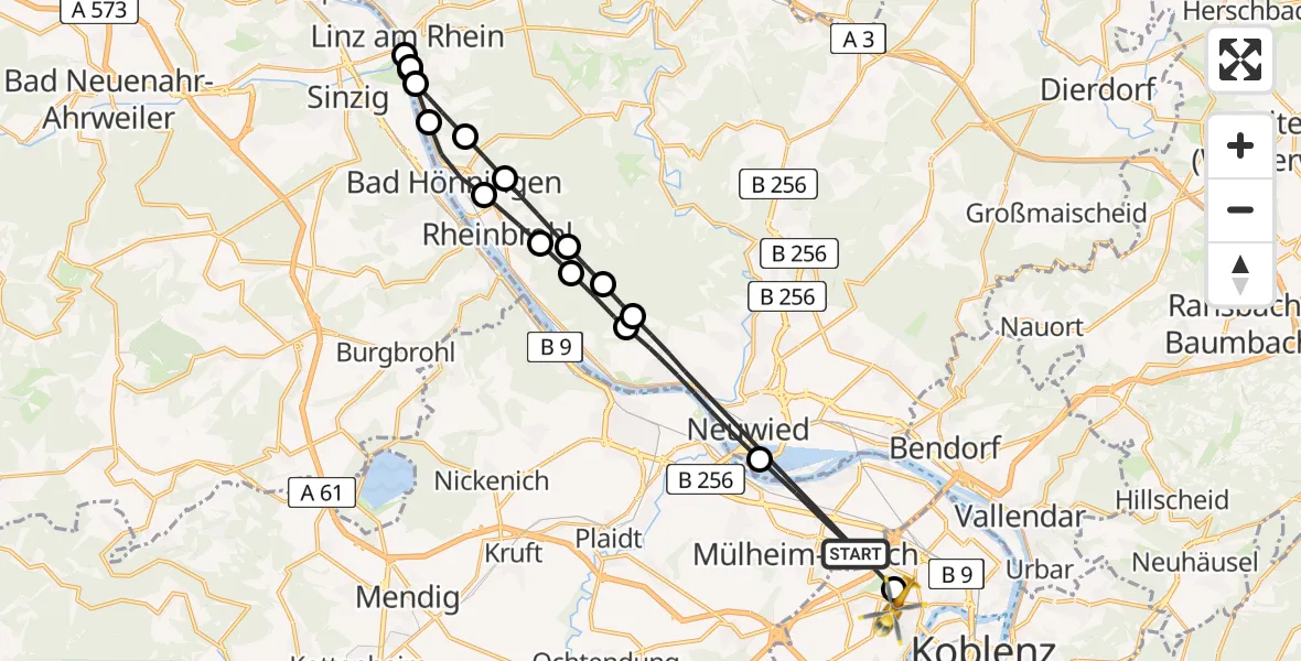 Flugroute Rettungshubschrauber Mülheim-Kärlich - Koblenz, 24 Juni 2026, 09:00
