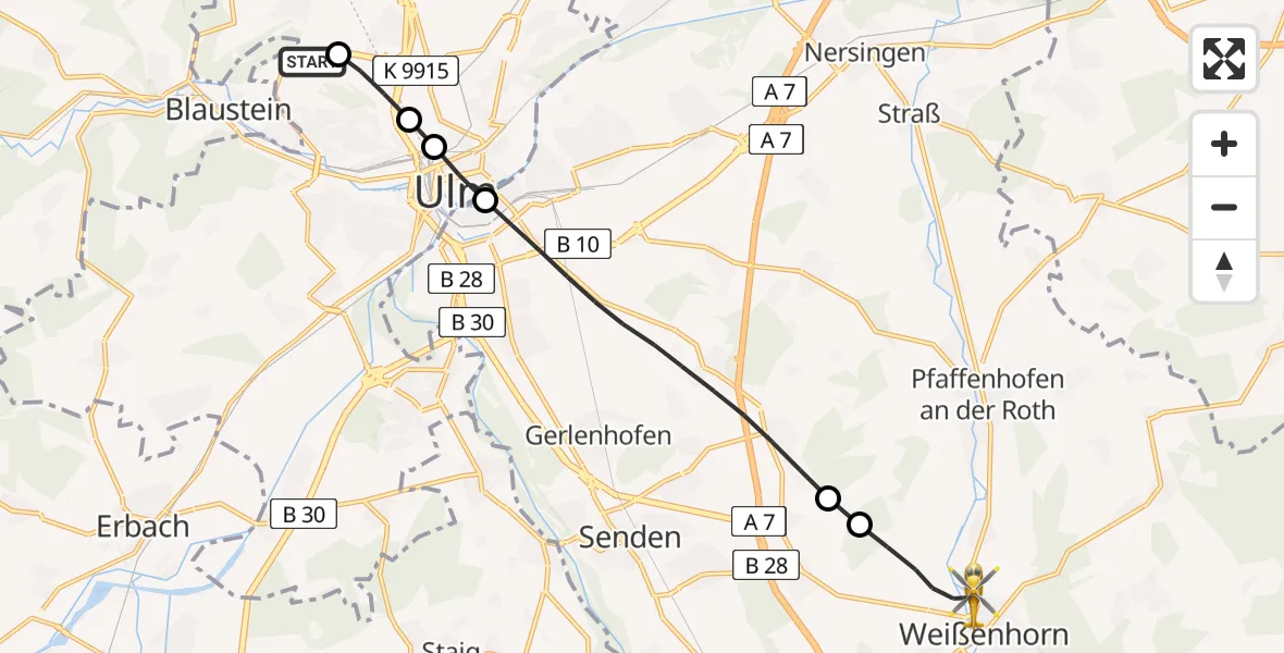 Flugroute Rettungshubschrauber Ulm Military Hospital Emergency - Weißenhorn, 24 Juni 2026, 09:03