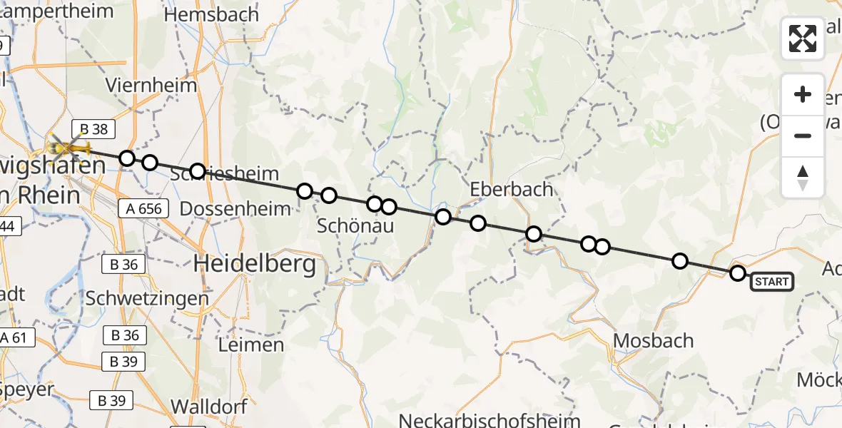 Flugroute Rettungshubschrauber Schefflenz - Mannheim, 24 Juni 2026, 09:03
