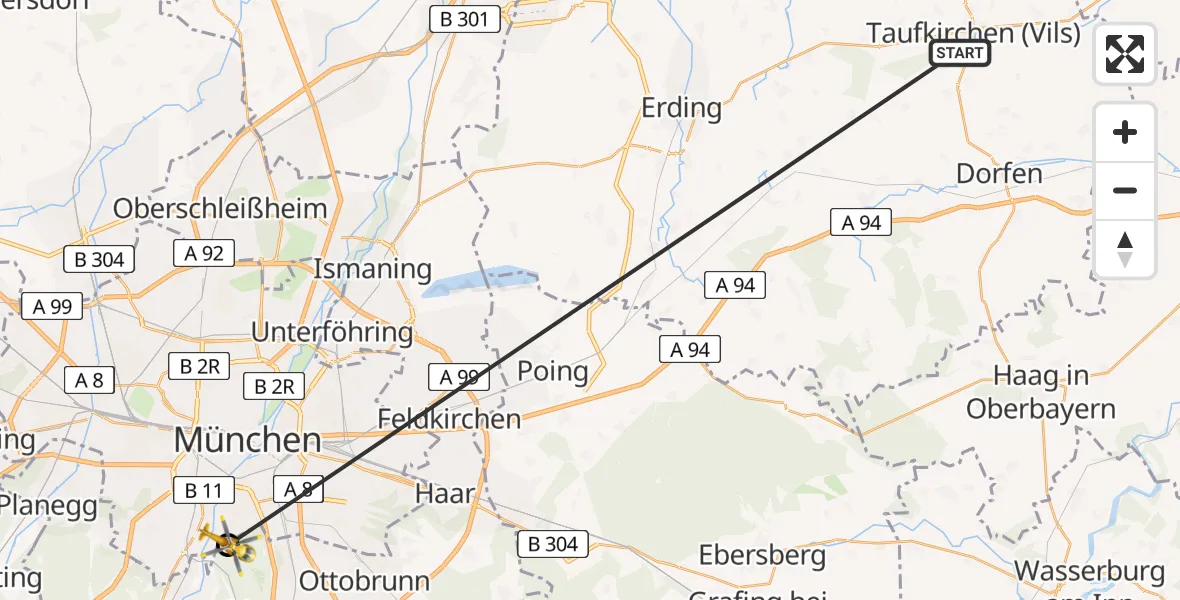 Flugroute Rettungshubschrauber Taufkirchen (Vils) - ADAC Air Rescue Center Hubschrauberlandeplatz (Christoph 1), 24 Juni 2026, 09:05
