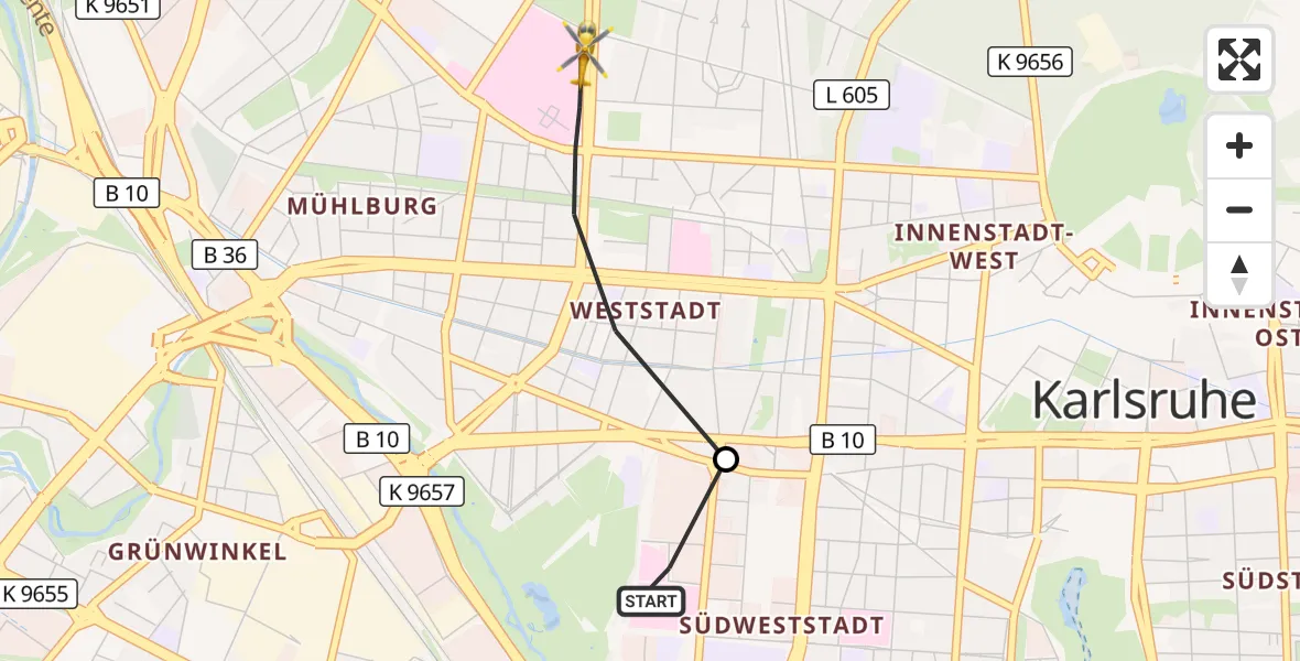 Flugroute Ambulanzhubschrauber Sankt Vincentius Hospital - Karlsruhe, 24 Juni 2026, 09:06