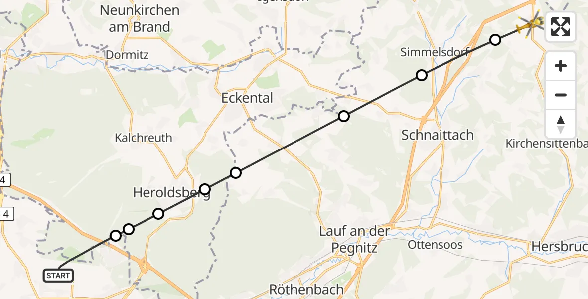 Flugroute Rettungshubschrauber Flughafen Nuremberg - Schnaittach, 24 Juni 2026, 09:09