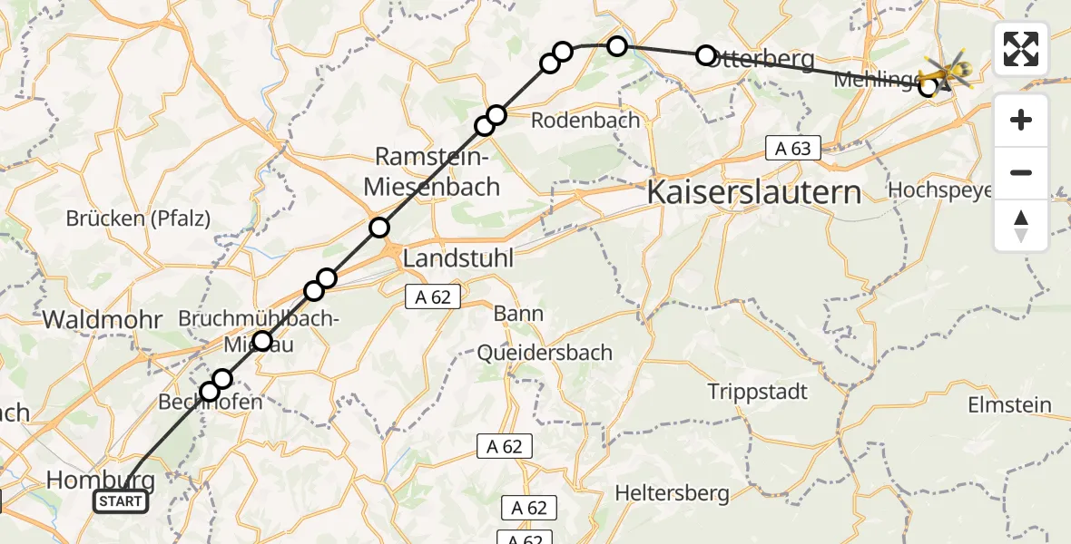 Flugroute Rettungshubschrauber Homburg - Enkenbach-Alsenborn, 24 Juni 2026, 09:09