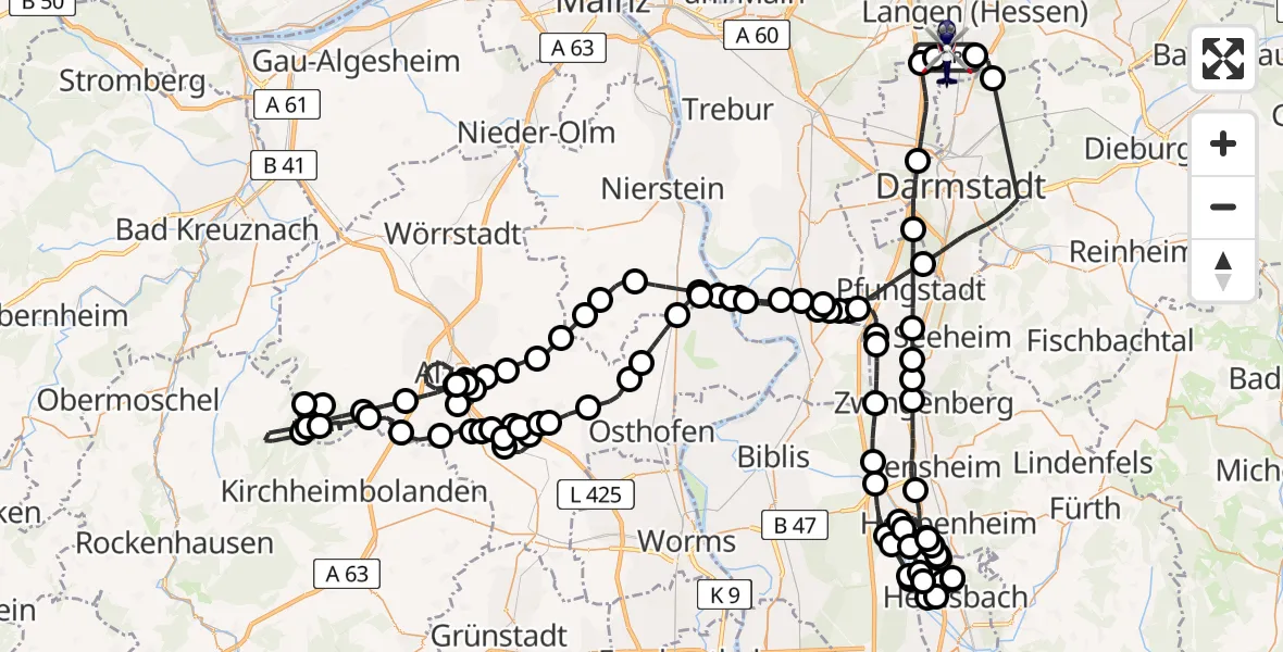 Flugroute Polizeihubschrauber Flughafen Frankfurt-Egelsbach - Flughafen Frankfurt-Egelsbach, 24 Juni 2026, 09:09