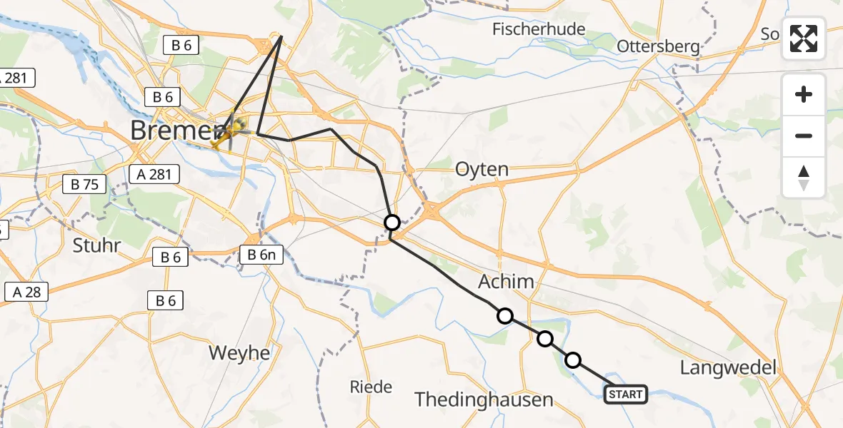 Flugroute Rettungshubschrauber Blender - Bremen, 24 Juni 2026, 09:10