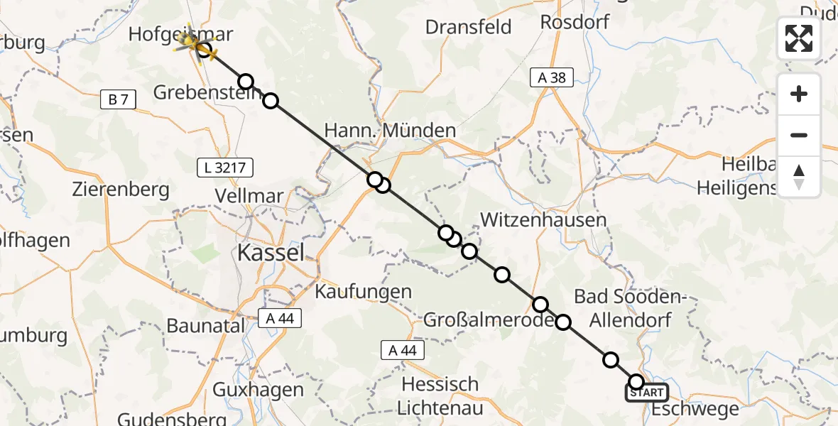 Flugroute Rettungshubschrauber Eschwege - Hofgeismar, 24 Juni 2026, 09:11