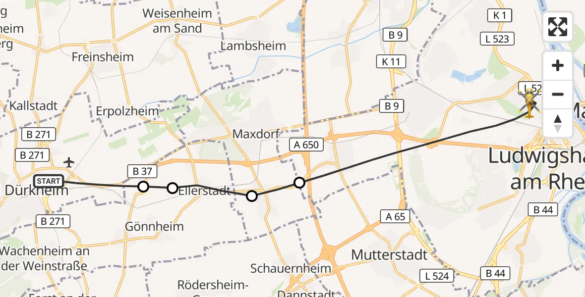 Flugroute Rettungshubschrauber Bad Dürkheim - Ludwigshafen am Rhein, 24 Juni 2026, 09:12