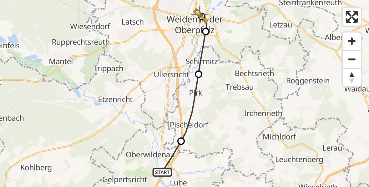 Flugroute Rettungshubschrauber Luhe-Wildenau - Weiden Hospital, 24 Juni 2026, 09:13