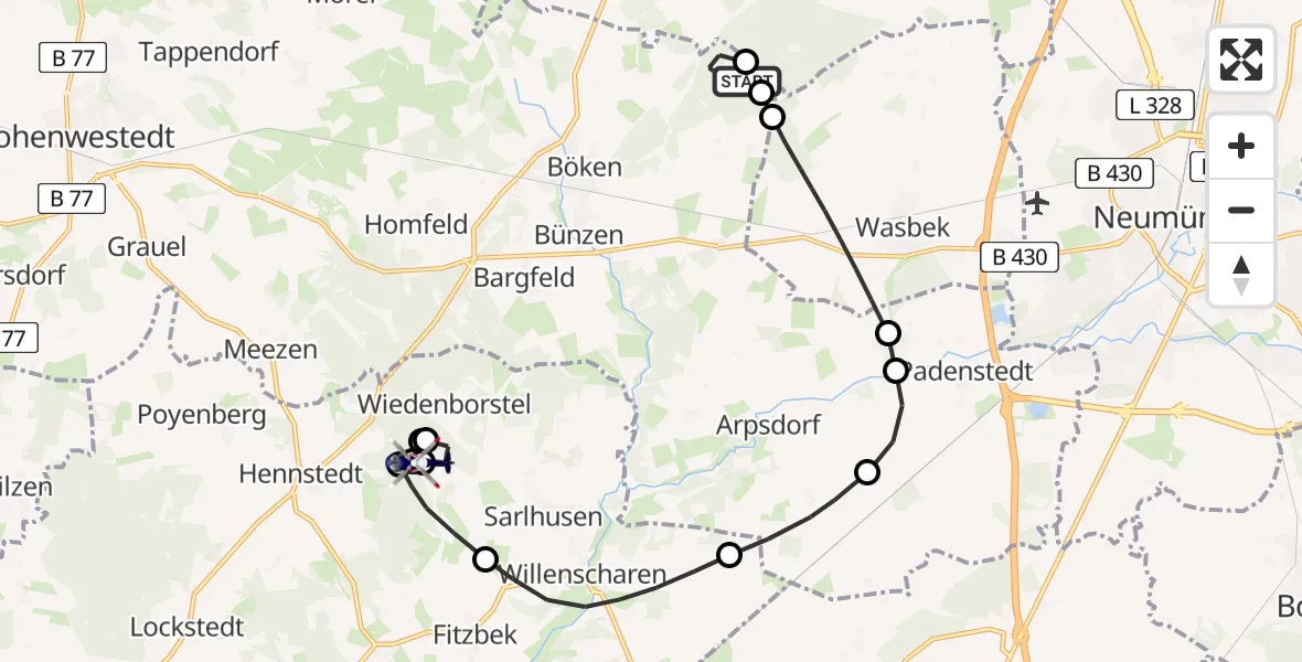 Flugroute Polizeihubschrauber Aukrug - Hennstedt, 24 Juni 2026, 09:24