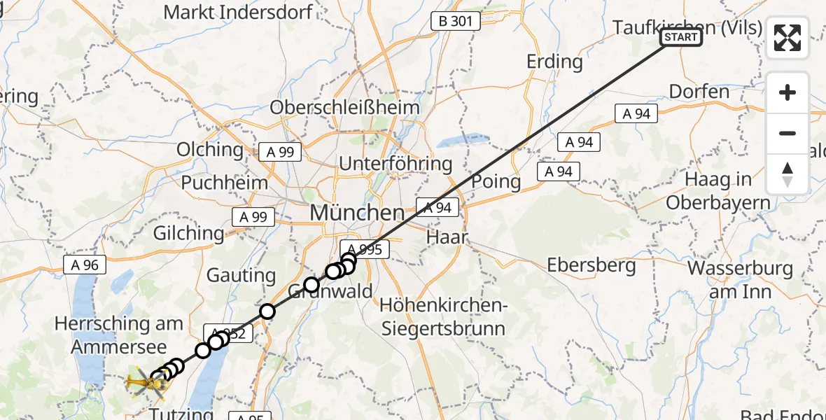 Flugroute Rettungshubschrauber Taufkirchen (Vils) - Andechs, 24 Juni 2026, 09:26