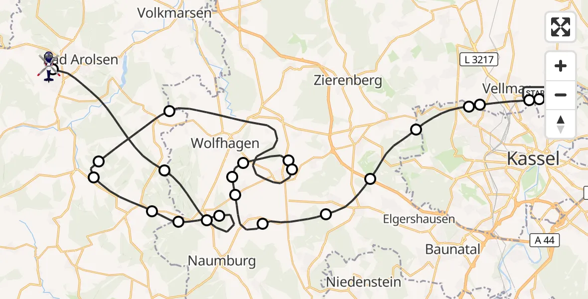Flugroute Polizeihubschrauber Fuldatal Bundespolizei Hubschrauberlandeplatz - Mengeringhausen Flugplatz, 24 Juni 2026, 09:28