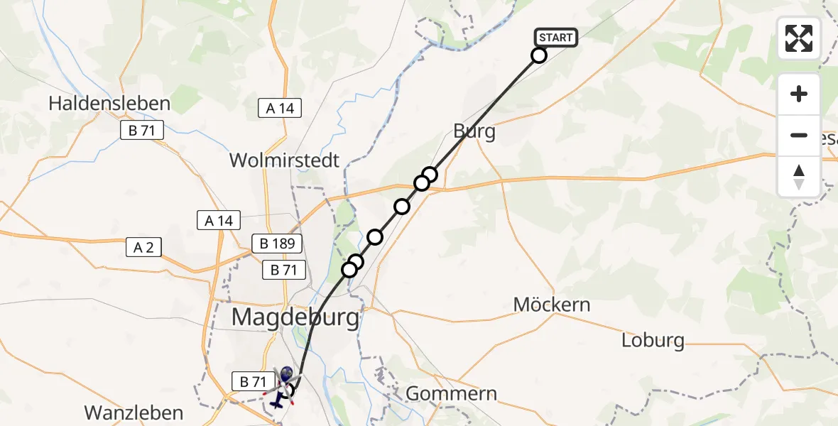 Flugroute Polizeihubschrauber Elbe-Parey - Magdeburg City Flugplatz, 24 Juni 2026, 09:32