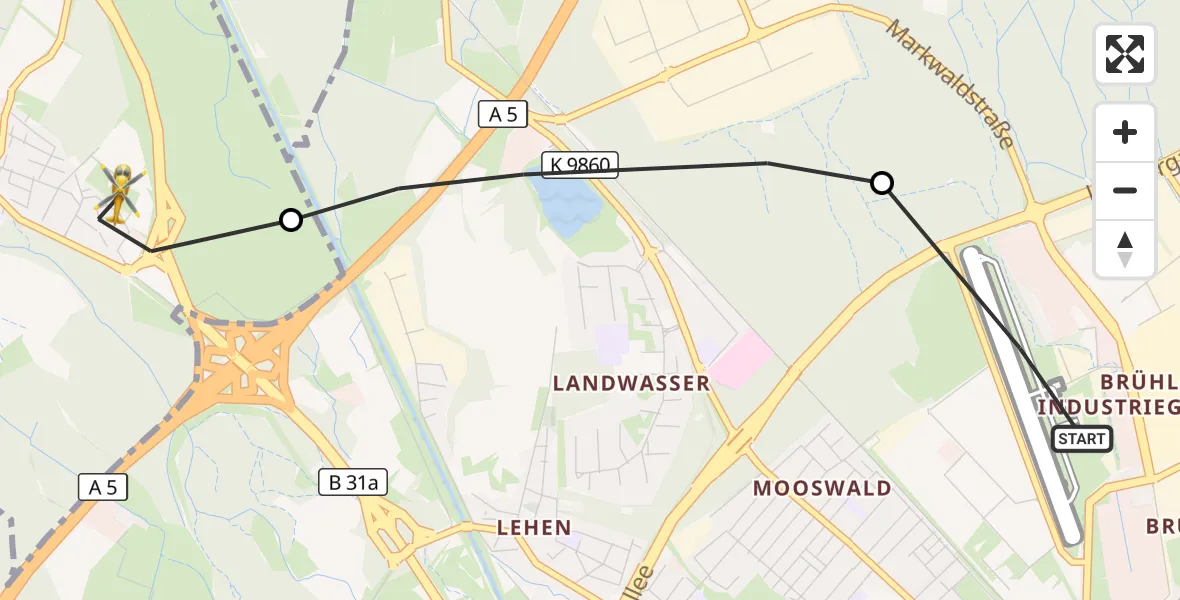 Flugroute Ambulanzhubschrauber Freiburg im Breisgau Flugplatz - Umkirch, 24 Juni 2026, 09:32