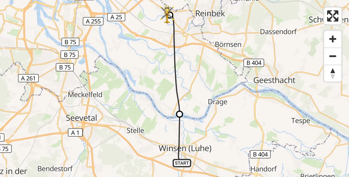 Flugroute Ambulanzhubschrauber Winsen (Luhe) - Christoph Hansa ADAC Hubschrauberlandeplatz, 24 Juni 2026, 09:35