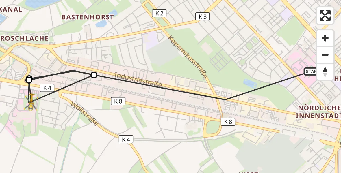Flugroute Rettungshubschrauber Ludwigshafen am Rhein - Ludwigshafen Accident Hospital, 24 Juni 2026, 09:42